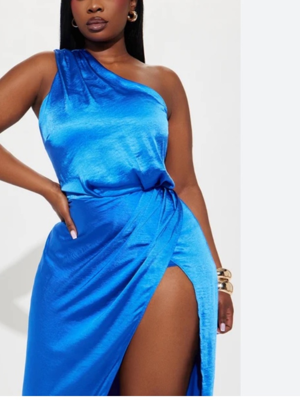 NWT One-Shoulder Royal Blue Satin Maxi Dress with High Slit